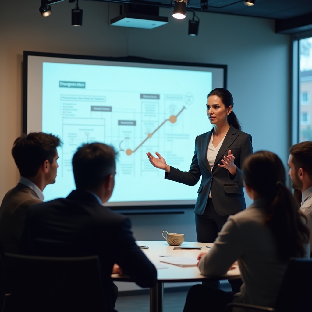 Consultora presentando propuesta de mejora de procesos a equipo de pyme