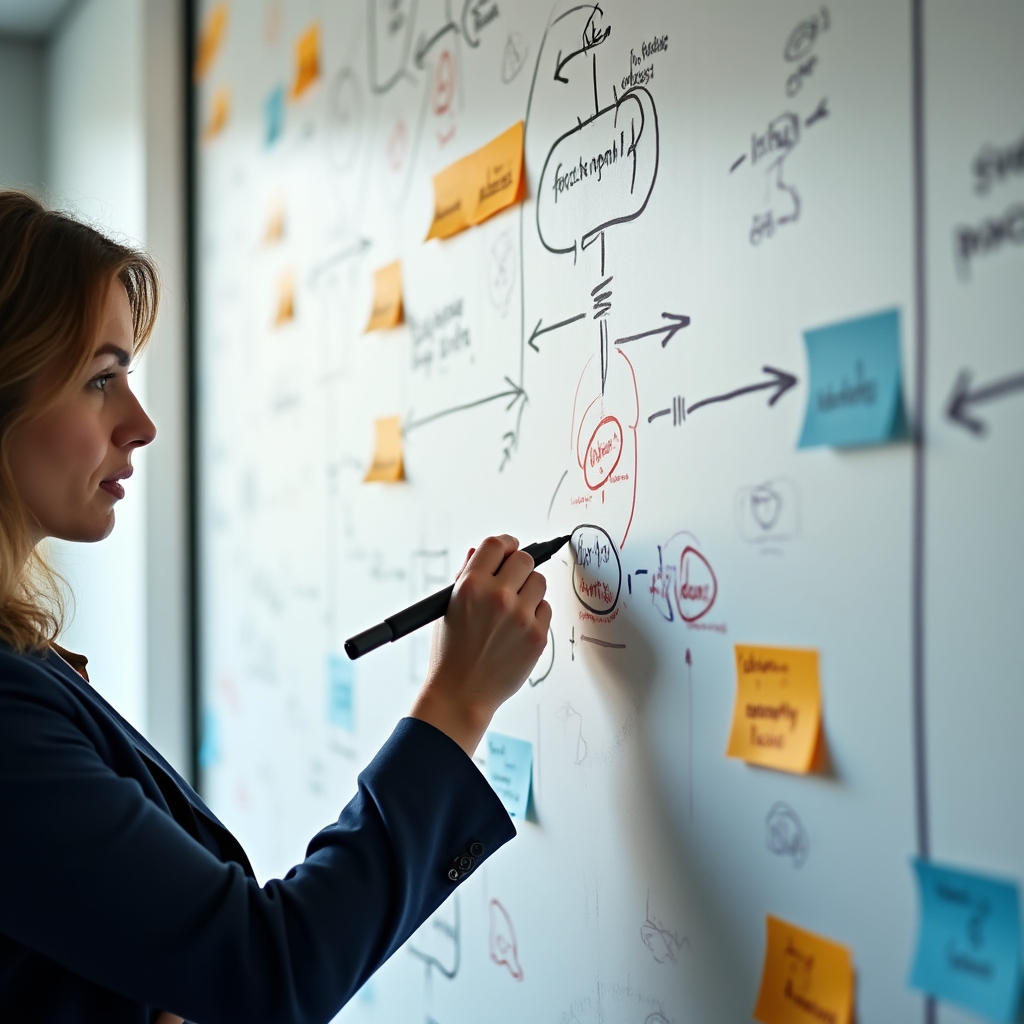 Análisis de flujo de trabajo en pizarra con post-its y diagramas