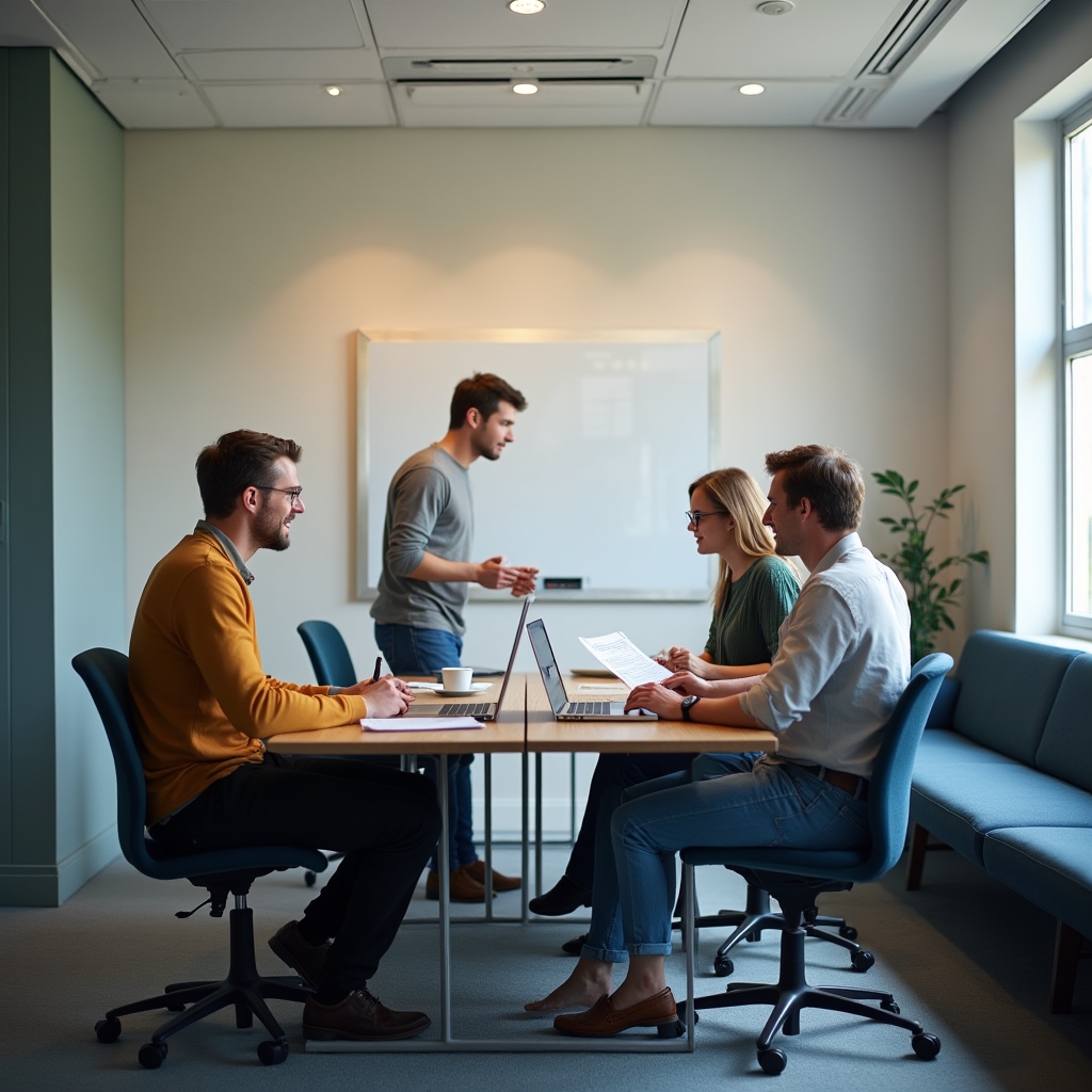 Equipo pequeño de pyme en reunión de trabajo colaborativo