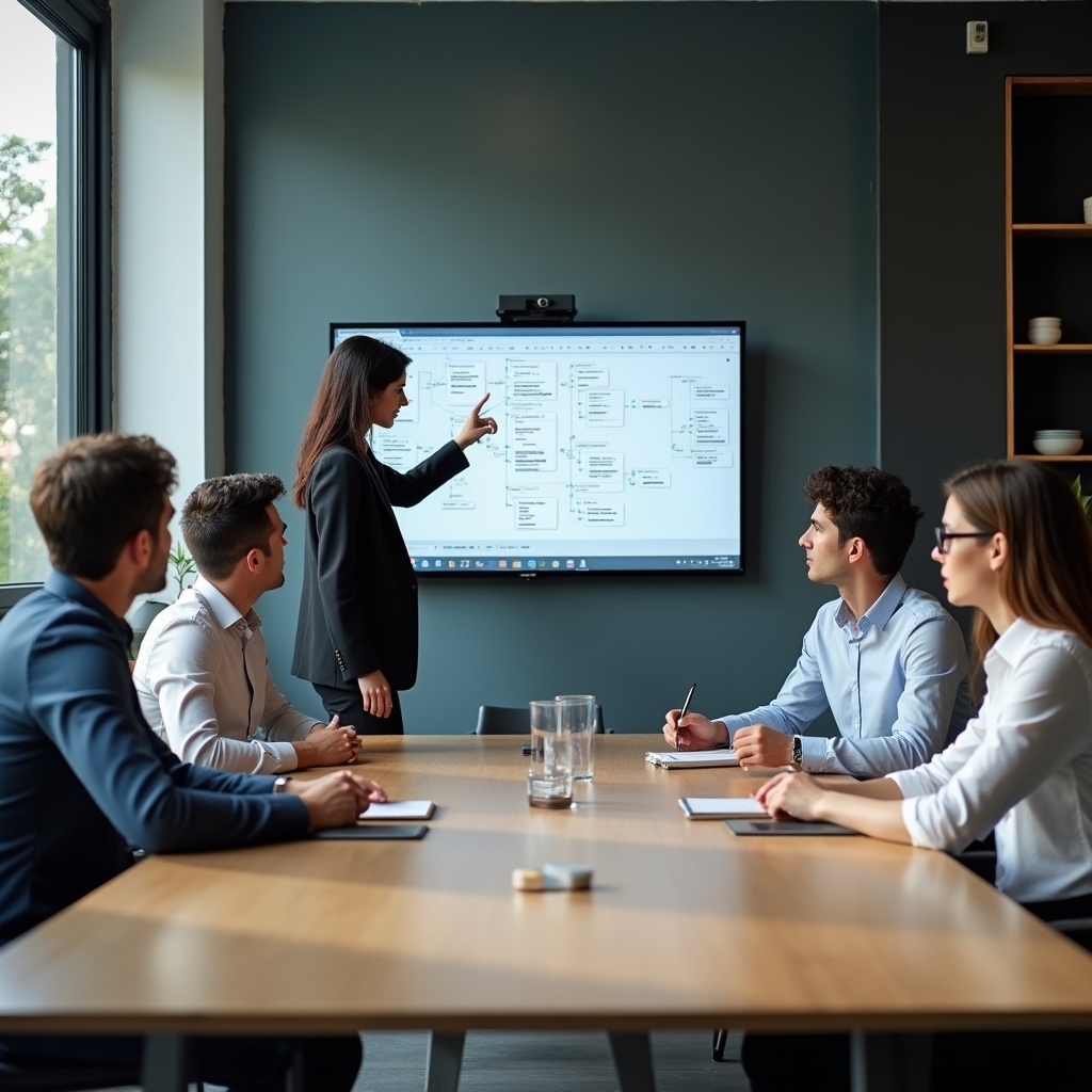 Equipo analizando flujos de trabajo en oficina moderna